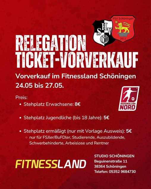 Plakat zum Ticketvorverkauf für das Spiel der FSV Schöningen gegen den Heider SV in der Aufstiegsrunde zur Regionalliga Nord