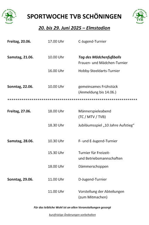 Die Programmübersicht zur Sportwoche des TVB Schöningen