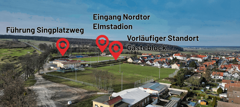 Luftbildaufnahme des Elmstadions mit Standortbezeichnungen für das neue Sicherheitskonzept der Regionalliga, Foto: Stadt Schöningen / Landwerk